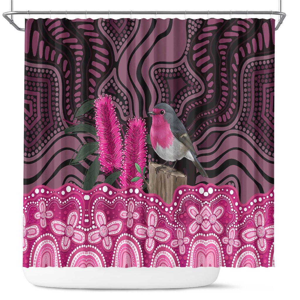 Australia Indigenous Shower Curtain Breast Cancer Pink Robin Bottlebrush Aboriginal Art