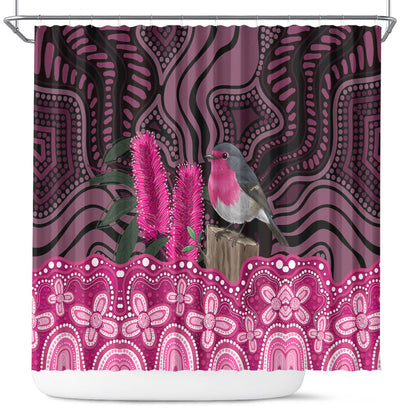 Australia Indigenous Shower Curtain Breast Cancer Pink Robin Bottlebrush Aboriginal Art