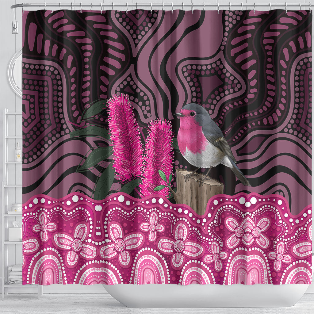 Australia Indigenous Shower Curtain Breast Cancer Pink Robin Bottlebrush Aboriginal Art