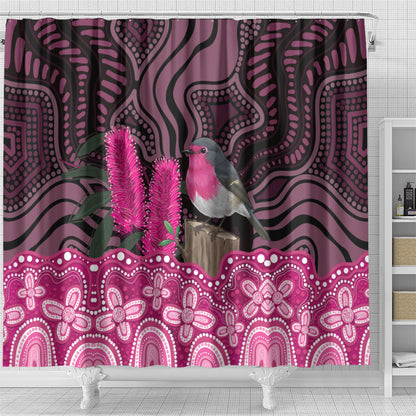 Australia Indigenous Shower Curtain Breast Cancer Pink Robin Bottlebrush Aboriginal Art