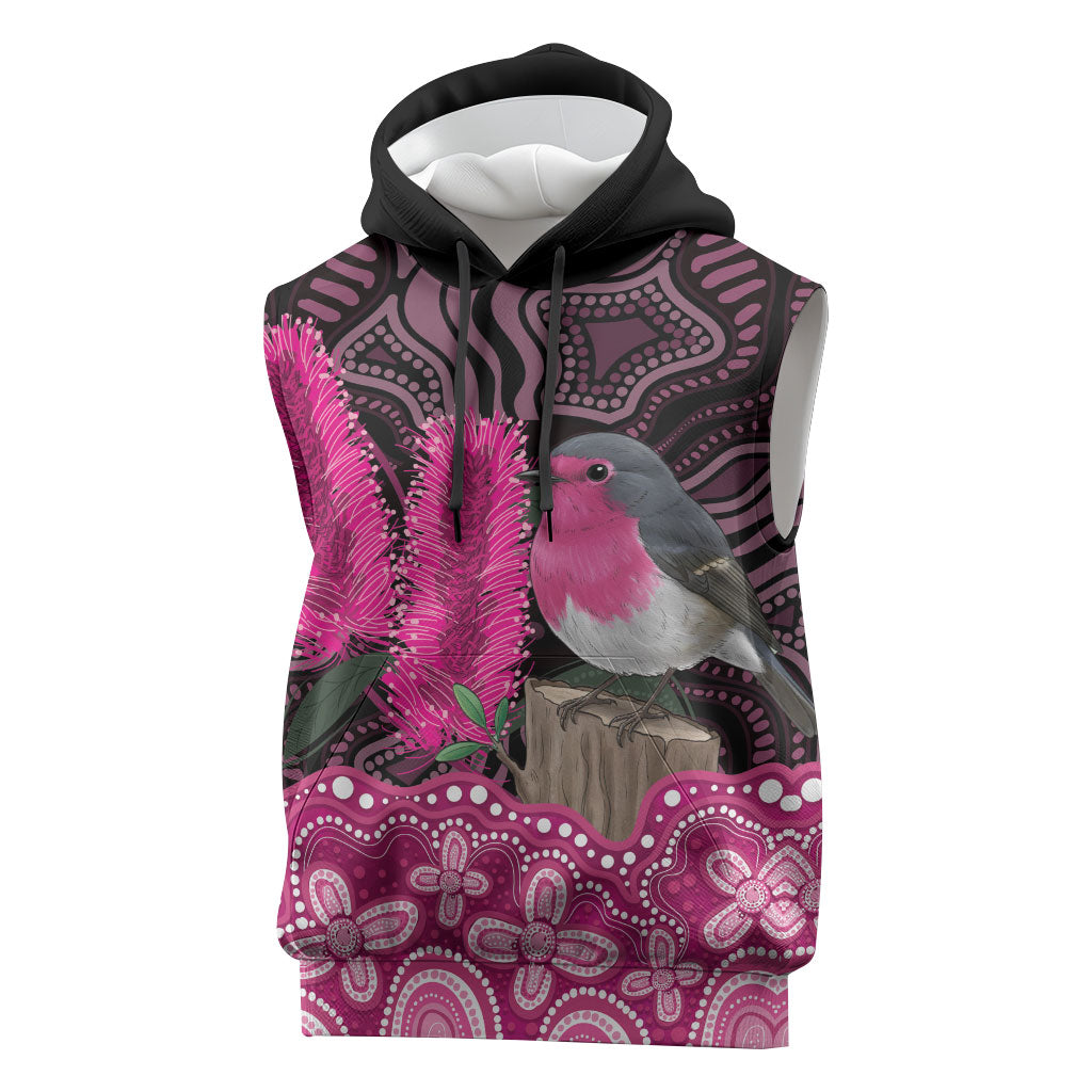 Australia Indigenous Sleeveless Hoodie Breast Cancer Pink Robin Bottlebrush Aboriginal Art