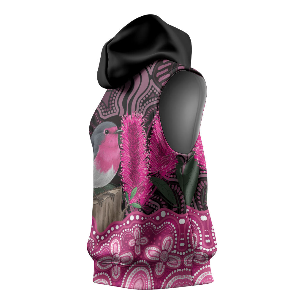 Australia Indigenous Sleeveless Hoodie Breast Cancer Pink Robin Bottlebrush Aboriginal Art
