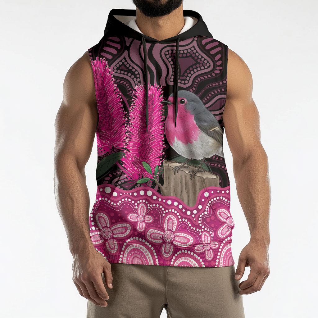 Australia Indigenous Sleeveless Hoodie Breast Cancer Pink Robin Bottlebrush Aboriginal Art