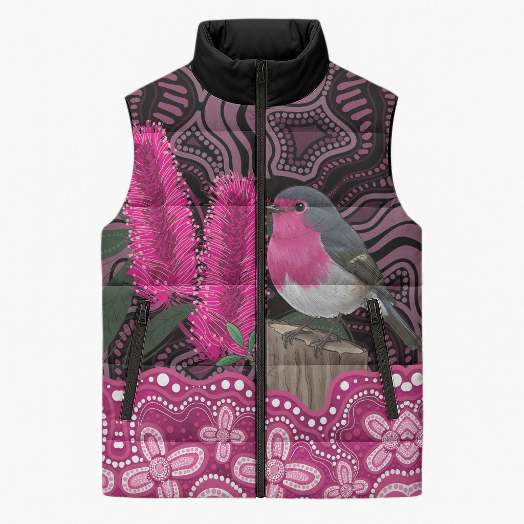Australia Indigenous Sleeveless Puffer Jacket Breast Cancer Pink Robin Bottlebrush Aboriginal Art