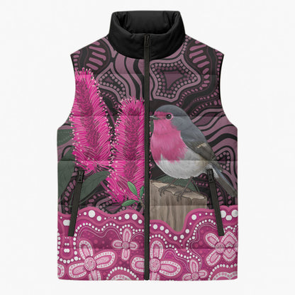 Australia Indigenous Sleeveless Puffer Jacket Breast Cancer Pink Robin Bottlebrush Aboriginal Art