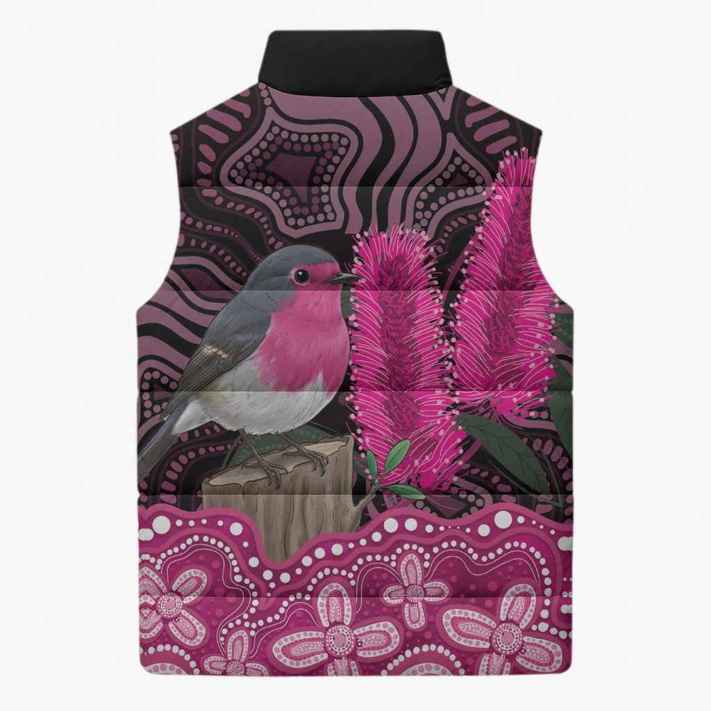 Australia Indigenous Sleeveless Puffer Jacket Breast Cancer Pink Robin Bottlebrush Aboriginal Art