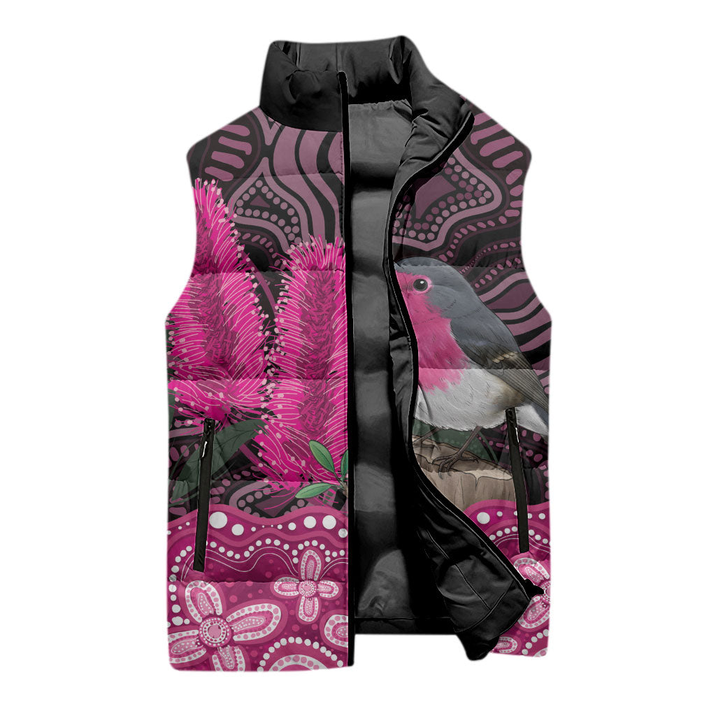 Australia Indigenous Sleeveless Puffer Jacket Breast Cancer Pink Robin Bottlebrush Aboriginal Art