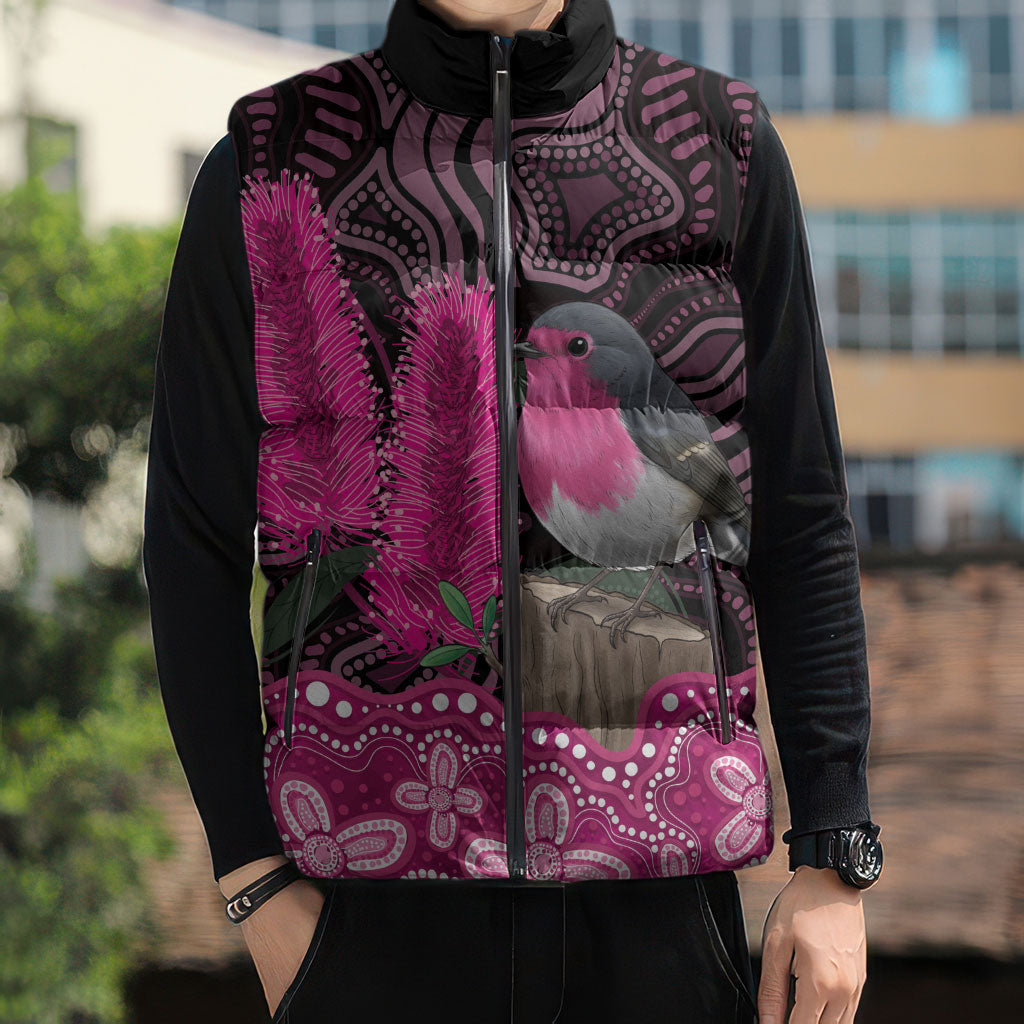 Australia Indigenous Sleeveless Puffer Jacket Breast Cancer Pink Robin Bottlebrush Aboriginal Art