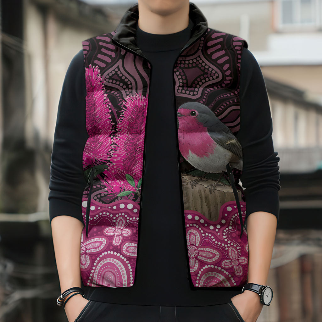 Australia Indigenous Sleeveless Puffer Jacket Breast Cancer Pink Robin Bottlebrush Aboriginal Art