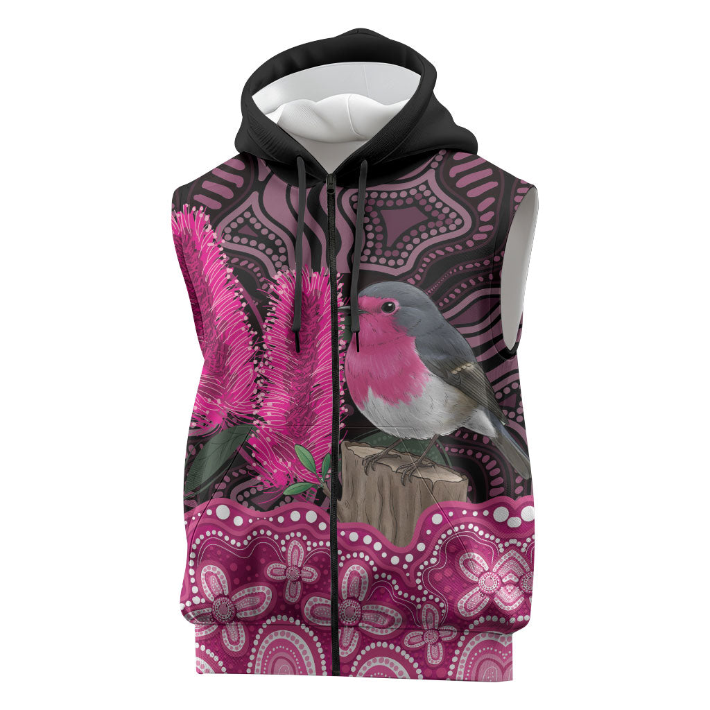 Australia Indigenous Sleeveless Zip Hoodie Breast Cancer Pink Robin Bottlebrush Aboriginal Art