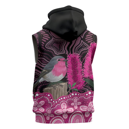 Australia Indigenous Sleeveless Zip Hoodie Breast Cancer Pink Robin Bottlebrush Aboriginal Art