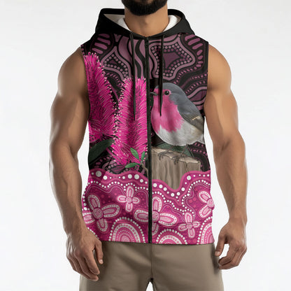 Australia Indigenous Sleeveless Zip Hoodie Breast Cancer Pink Robin Bottlebrush Aboriginal Art