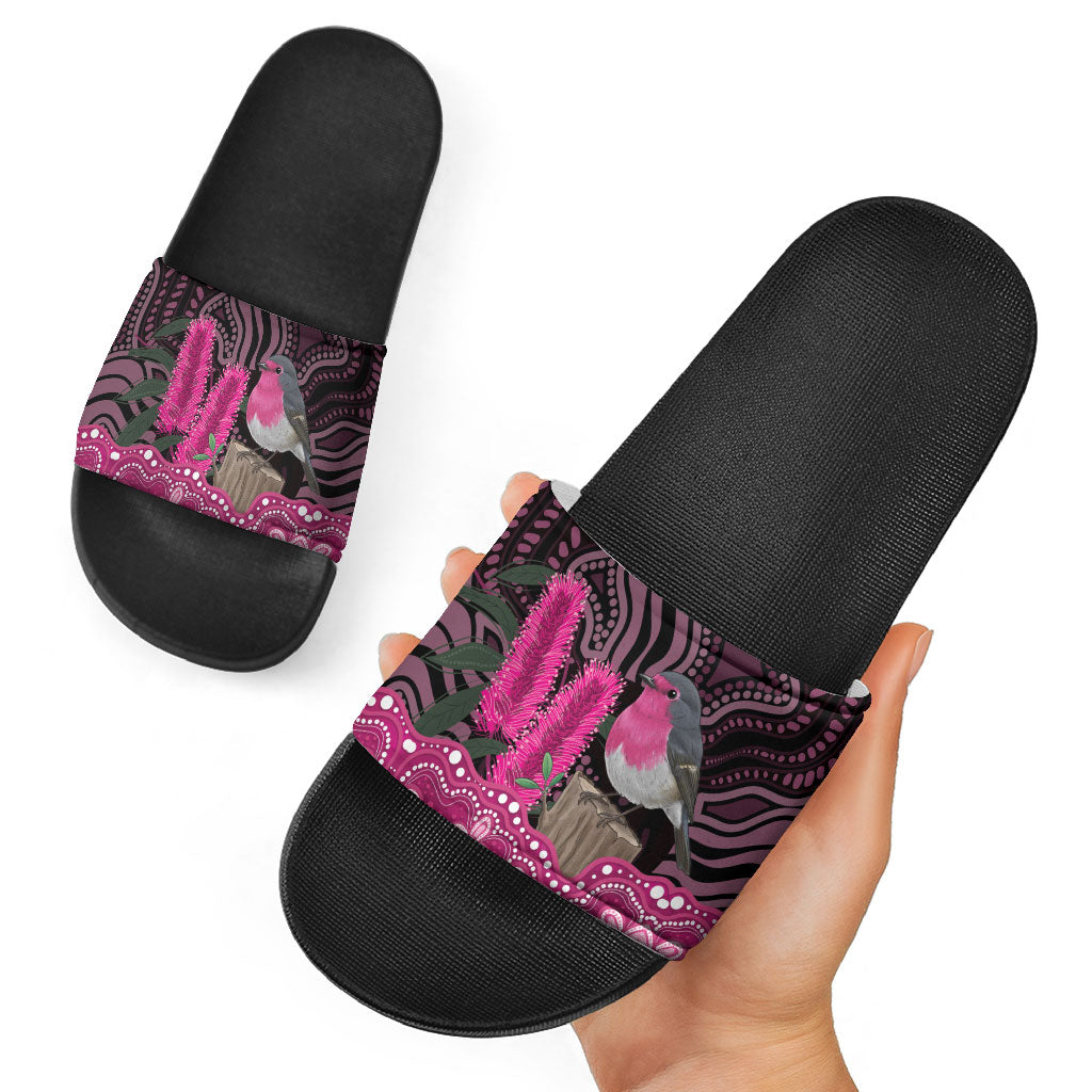 Australia Indigenous Slide Sandals Breast Cancer Pink Robin Bottlebrush Aboriginal Art