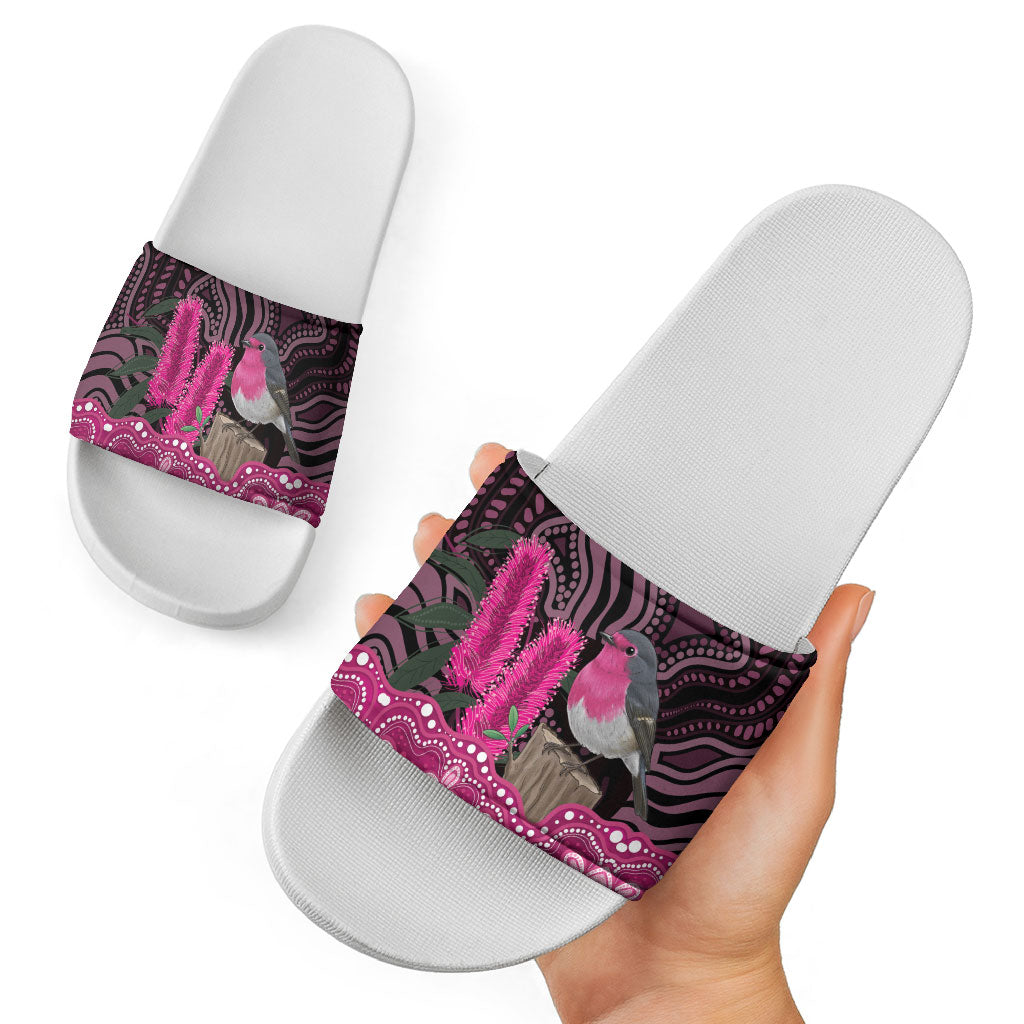 Australia Indigenous Slide Sandals Breast Cancer Pink Robin Bottlebrush Aboriginal Art