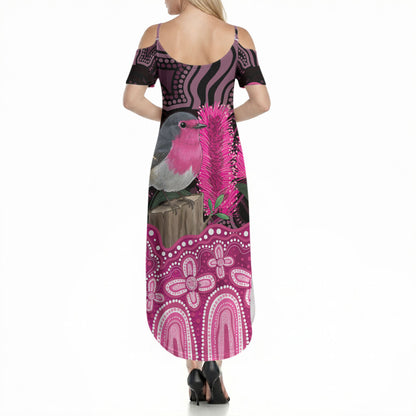 Australia Indigenous Summer Maxi Dress Breast Cancer Pink Robin Bottlebrush Aboriginal Art