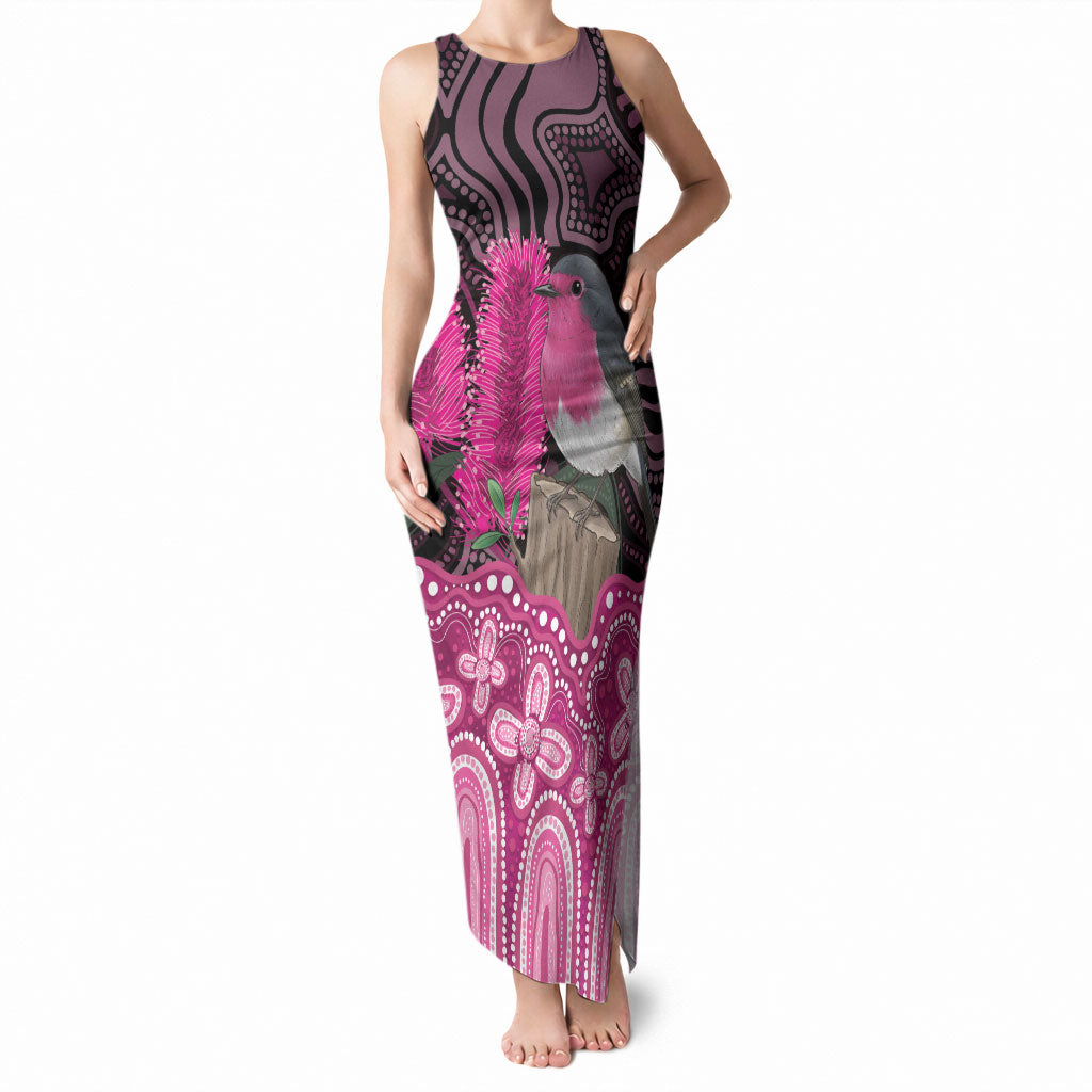 Australia Indigenous Tank Maxi Dress Breast Cancer Pink Robin Bottlebrush Aboriginal Art