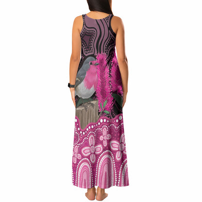 Australia Indigenous Tank Maxi Dress Breast Cancer Pink Robin Bottlebrush Aboriginal Art