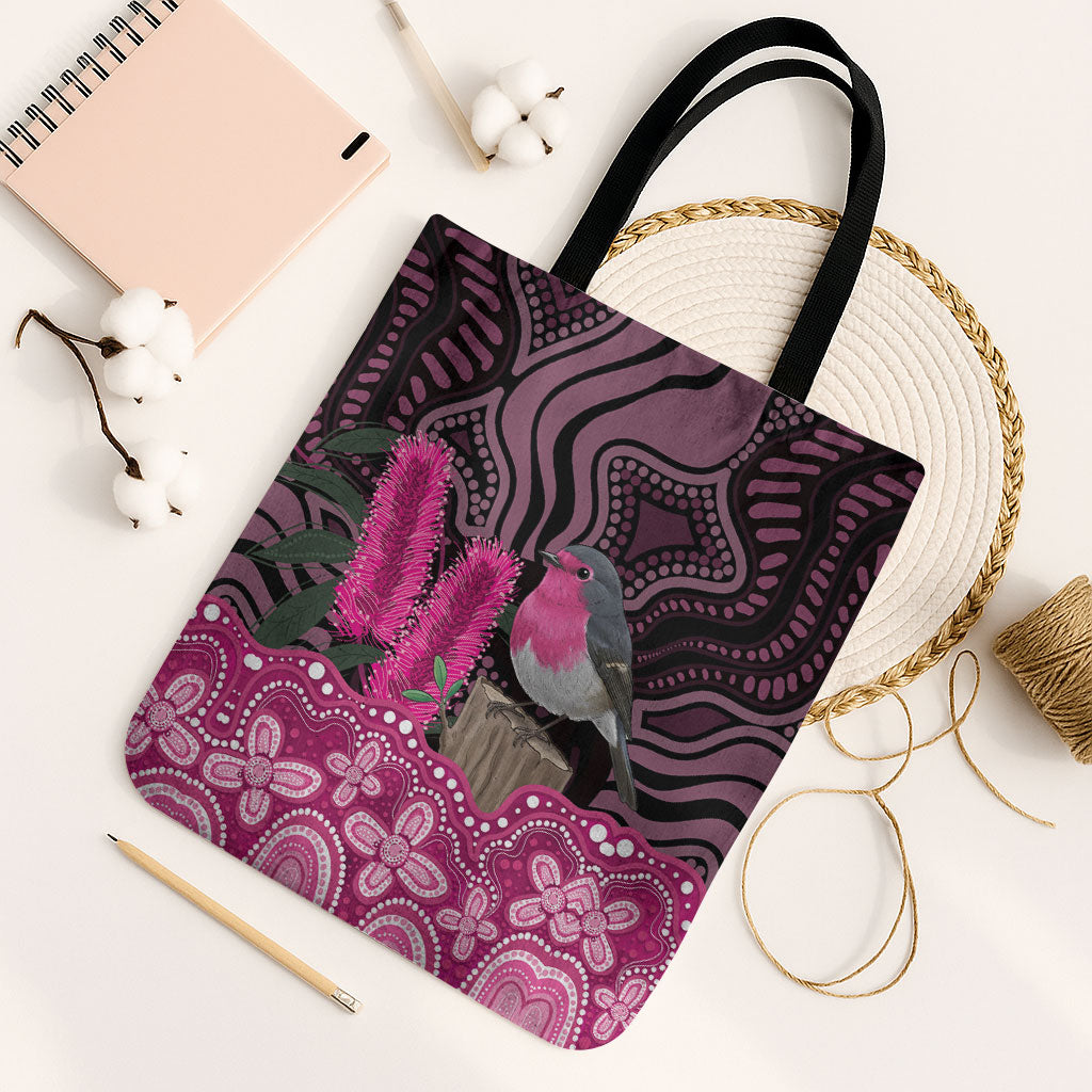 Australia Indigenous Tote Bag Breast Cancer Pink Robin Bottlebrush Aboriginal Art