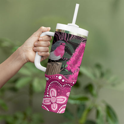 Australia Indigenous Tumbler With Handle Breast Cancer Pink Robin Bottlebrush Aboriginal Art