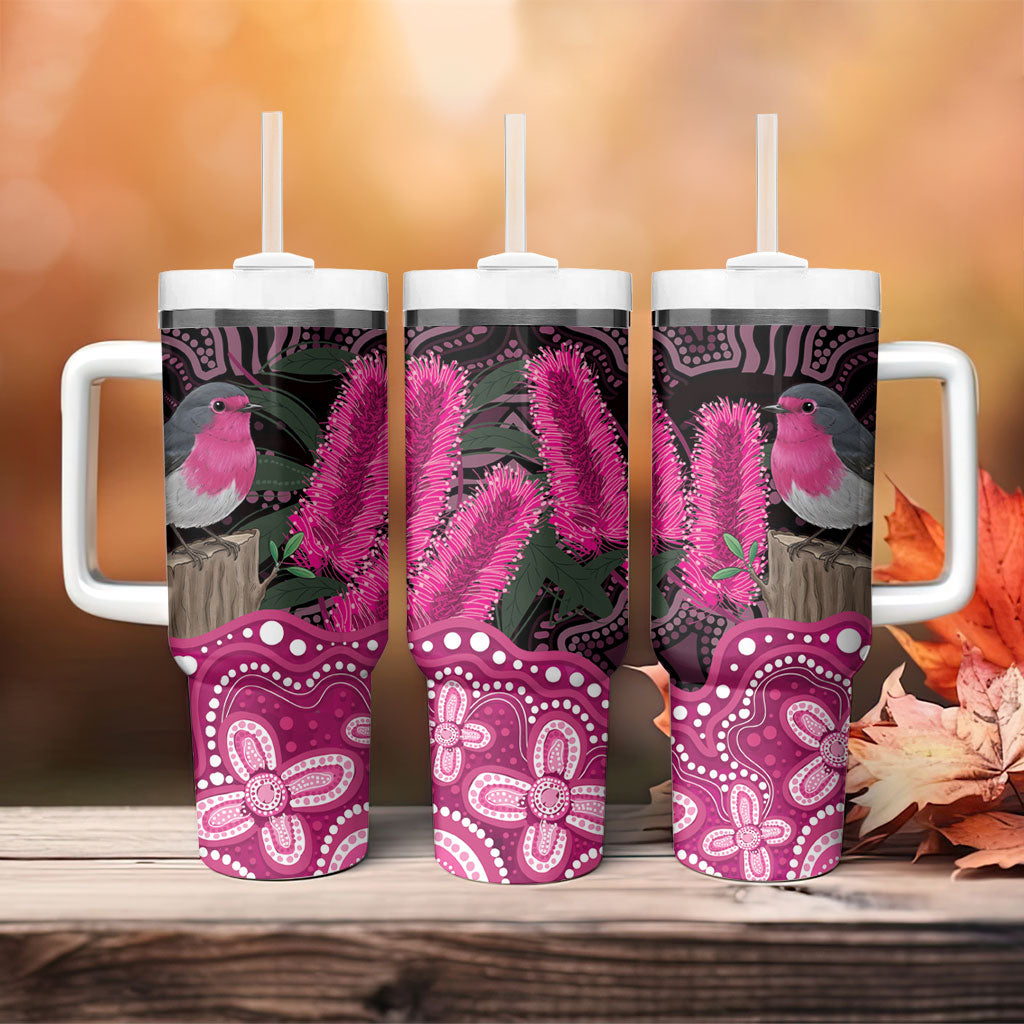 Australia Indigenous Tumbler With Handle Breast Cancer Pink Robin Bottlebrush Aboriginal Art