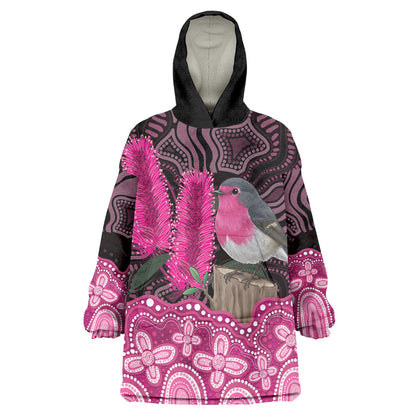 Australia Indigenous Wearable Blanket Hoodie Breast Cancer Pink Robin Bottlebrush Aboriginal Art