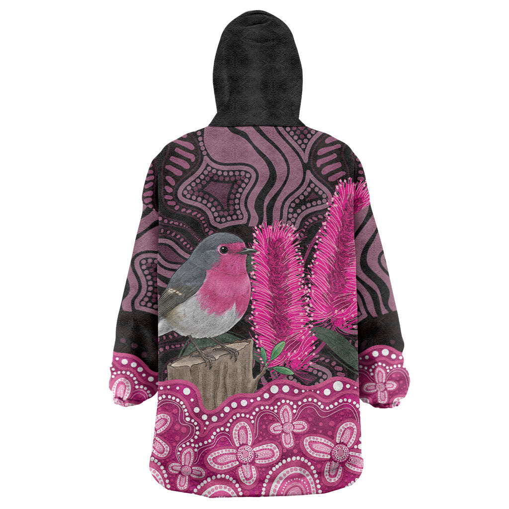 Australia Indigenous Wearable Blanket Hoodie Breast Cancer Pink Robin Bottlebrush Aboriginal Art