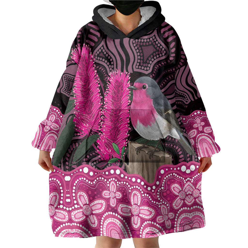 Australia Indigenous Wearable Blanket Hoodie Breast Cancer Pink Robin Bottlebrush Aboriginal Art