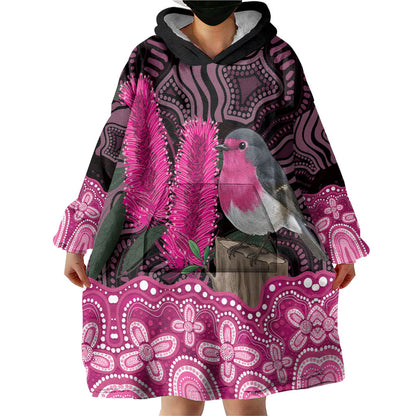 Australia Indigenous Wearable Blanket Hoodie Breast Cancer Pink Robin Bottlebrush Aboriginal Art