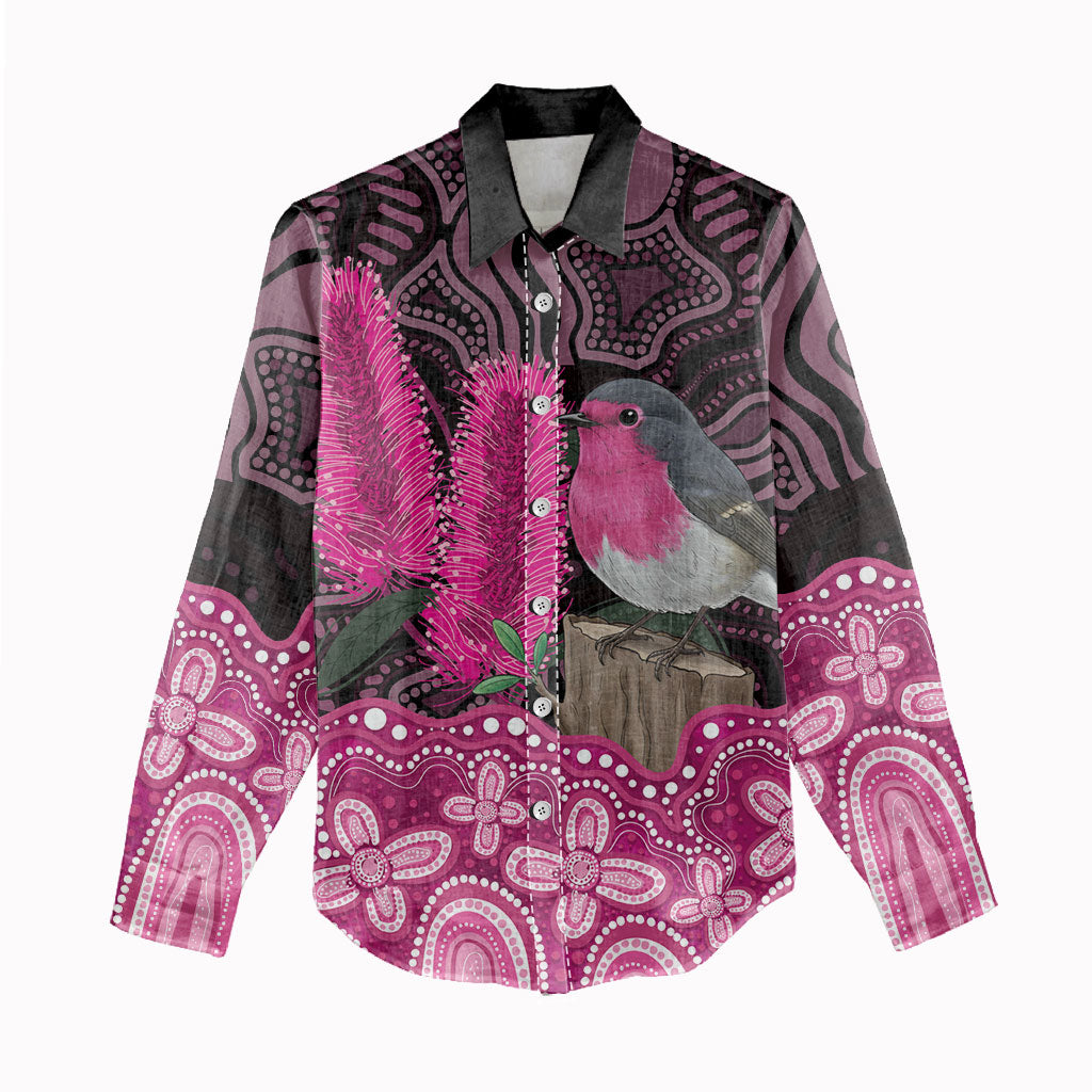 Australia Indigenous Women Casual Shirt Breast Cancer Pink Robin Bottlebrush Aboriginal Art