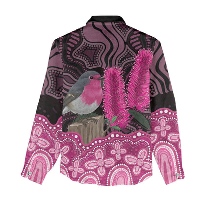 Australia Indigenous Women Casual Shirt Breast Cancer Pink Robin Bottlebrush Aboriginal Art