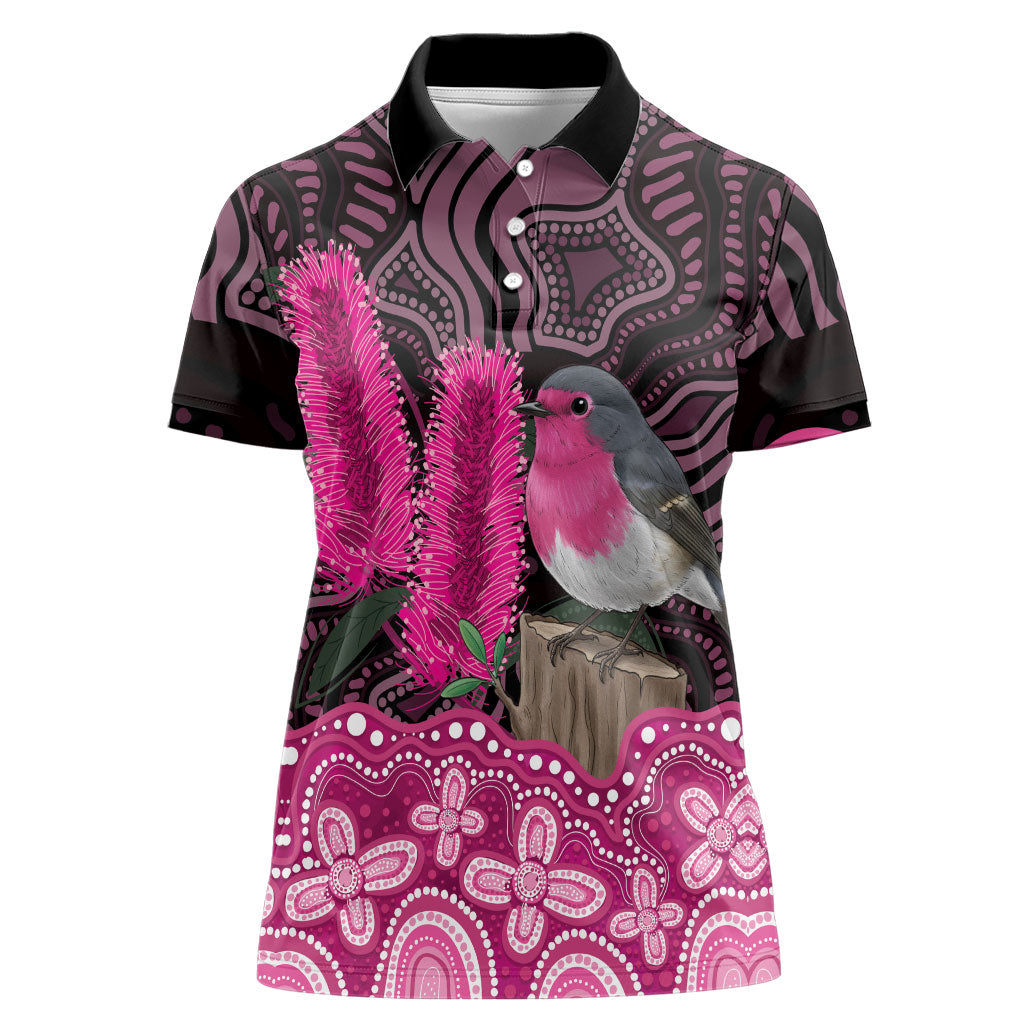 Australia Indigenous Women Polo Shirt Breast Cancer Pink Robin Bottlebrush Aboriginal Art