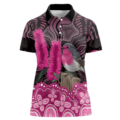 Australia Indigenous Women Polo Shirt Breast Cancer Pink Robin Bottlebrush Aboriginal Art