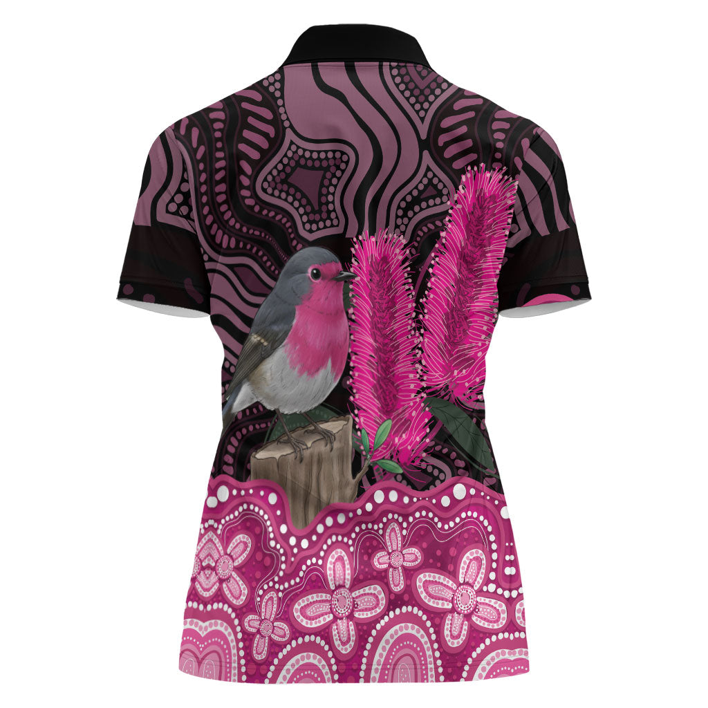 Australia Indigenous Women Polo Shirt Breast Cancer Pink Robin Bottlebrush Aboriginal Art