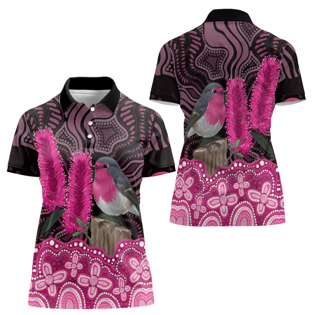 Australia Indigenous Women Polo Shirt Breast Cancer Pink Robin Bottlebrush Aboriginal Art