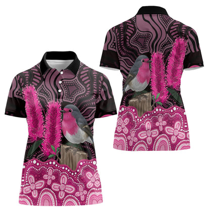 Australia Indigenous Women Polo Shirt Breast Cancer Pink Robin Bottlebrush Aboriginal Art