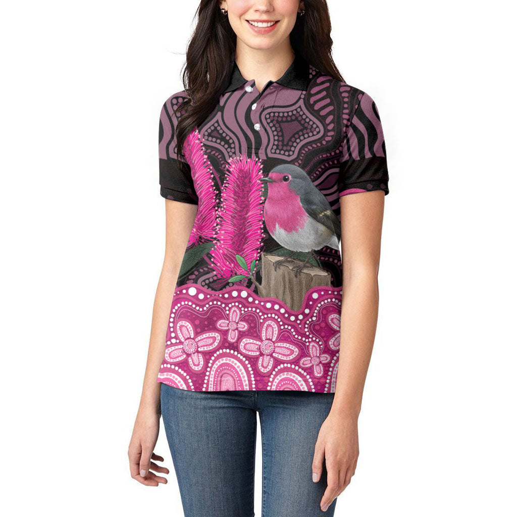 Australia Indigenous Women Polo Shirt Breast Cancer Pink Robin Bottlebrush Aboriginal Art
