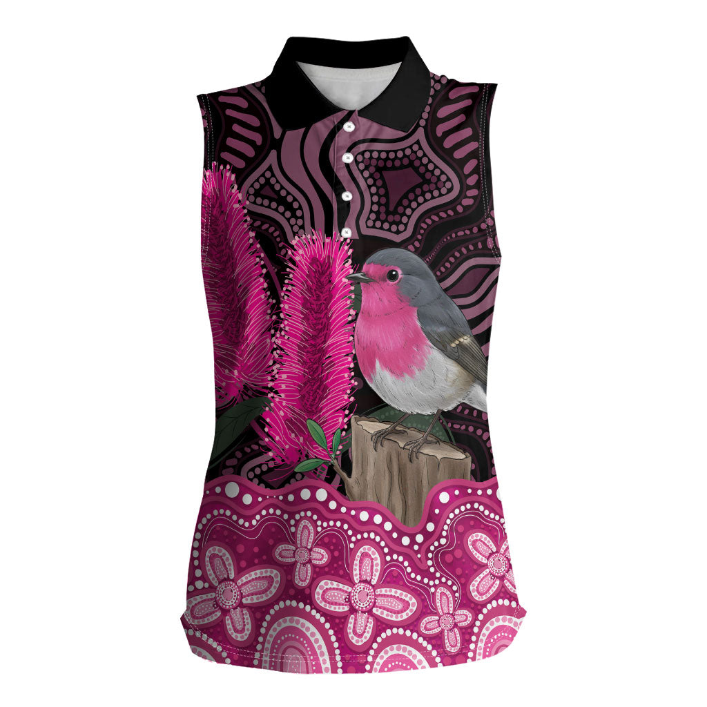 Australia Indigenous Women Sleeveless Polo Shirt Breast Cancer Pink Robin Bottlebrush Aboriginal Art