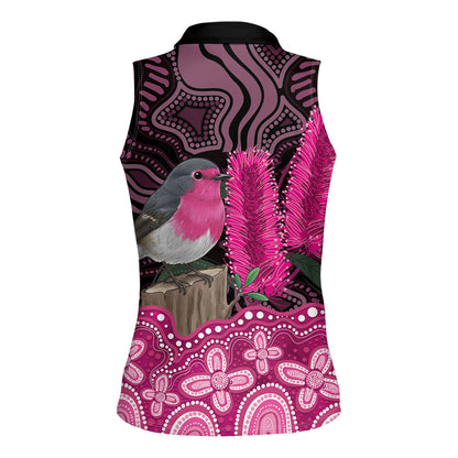 Australia Indigenous Women Sleeveless Polo Shirt Breast Cancer Pink Robin Bottlebrush Aboriginal Art