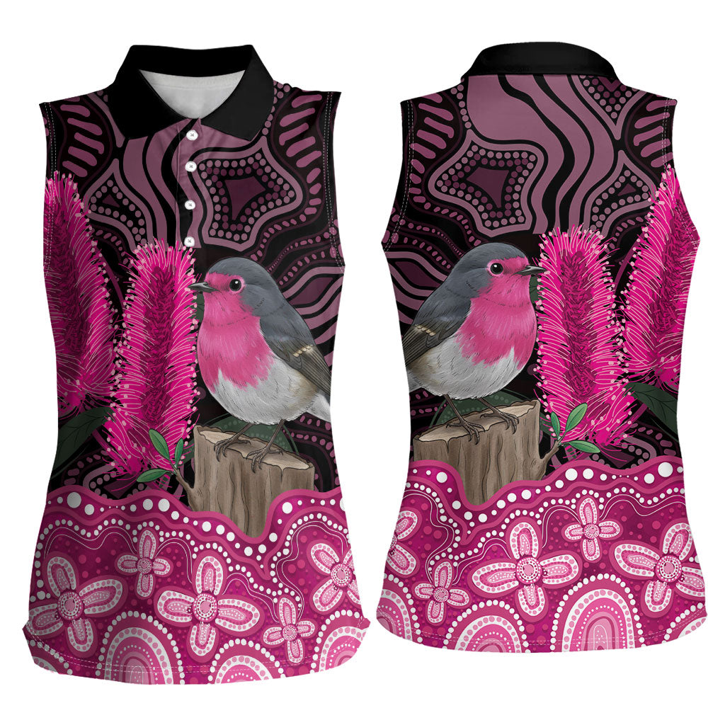 Australia Indigenous Women Sleeveless Polo Shirt Breast Cancer Pink Robin Bottlebrush Aboriginal Art