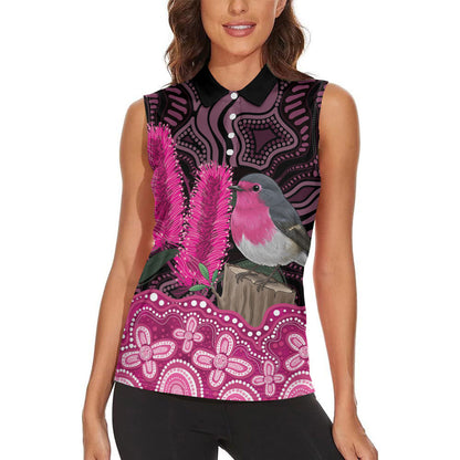 Australia Indigenous Women Sleeveless Polo Shirt Breast Cancer Pink Robin Bottlebrush Aboriginal Art