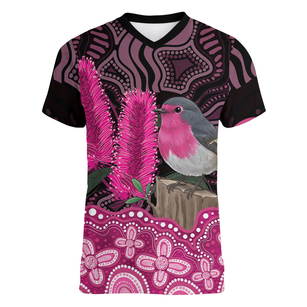 Australia Indigenous Women V-Neck T-Shirt Breast Cancer Pink Robin Bottlebrush Aboriginal Art