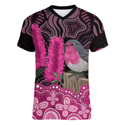 Australia Indigenous Women V-Neck T-Shirt Breast Cancer Pink Robin Bottlebrush Aboriginal Art