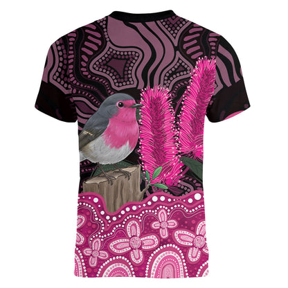 Australia Indigenous Women V-Neck T-Shirt Breast Cancer Pink Robin Bottlebrush Aboriginal Art
