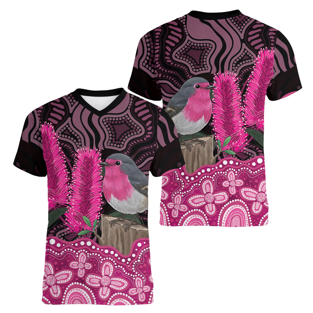 Australia Indigenous Women V-Neck T-Shirt Breast Cancer Pink Robin Bottlebrush Aboriginal Art