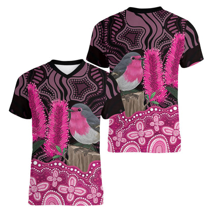 Australia Indigenous Women V-Neck T-Shirt Breast Cancer Pink Robin Bottlebrush Aboriginal Art