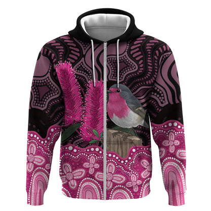Australia Indigenous Zip Hoodie Breast Cancer Pink Robin Bottlebrush Aboriginal Art