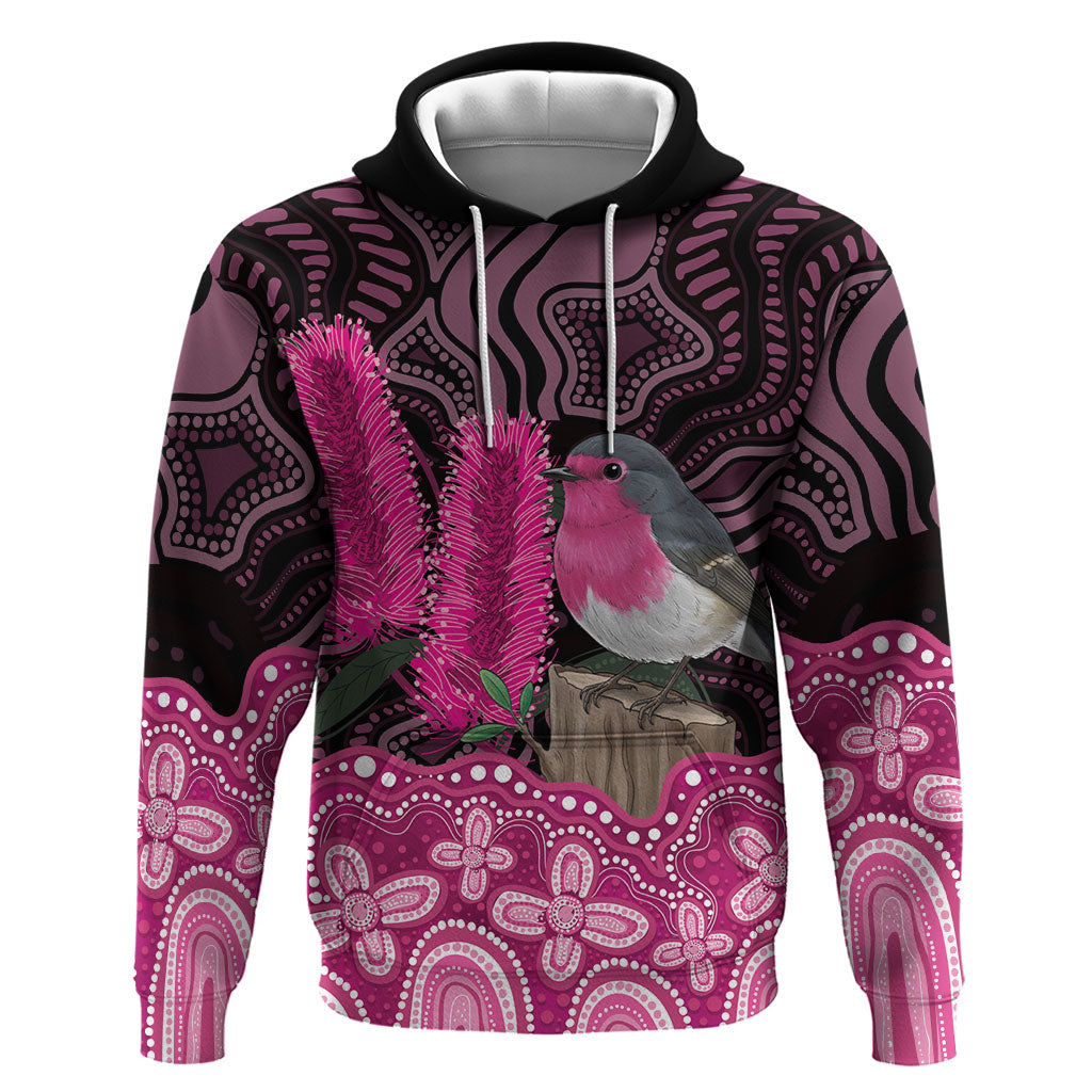 Australia Indigenous Zip Hoodie Breast Cancer Pink Robin Bottlebrush Aboriginal Art