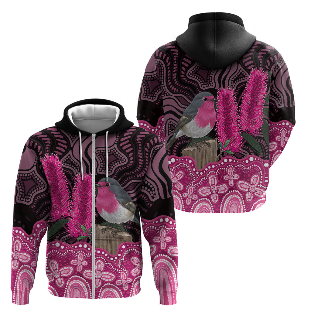 Australia Indigenous Zip Hoodie Breast Cancer Pink Robin Bottlebrush Aboriginal Art