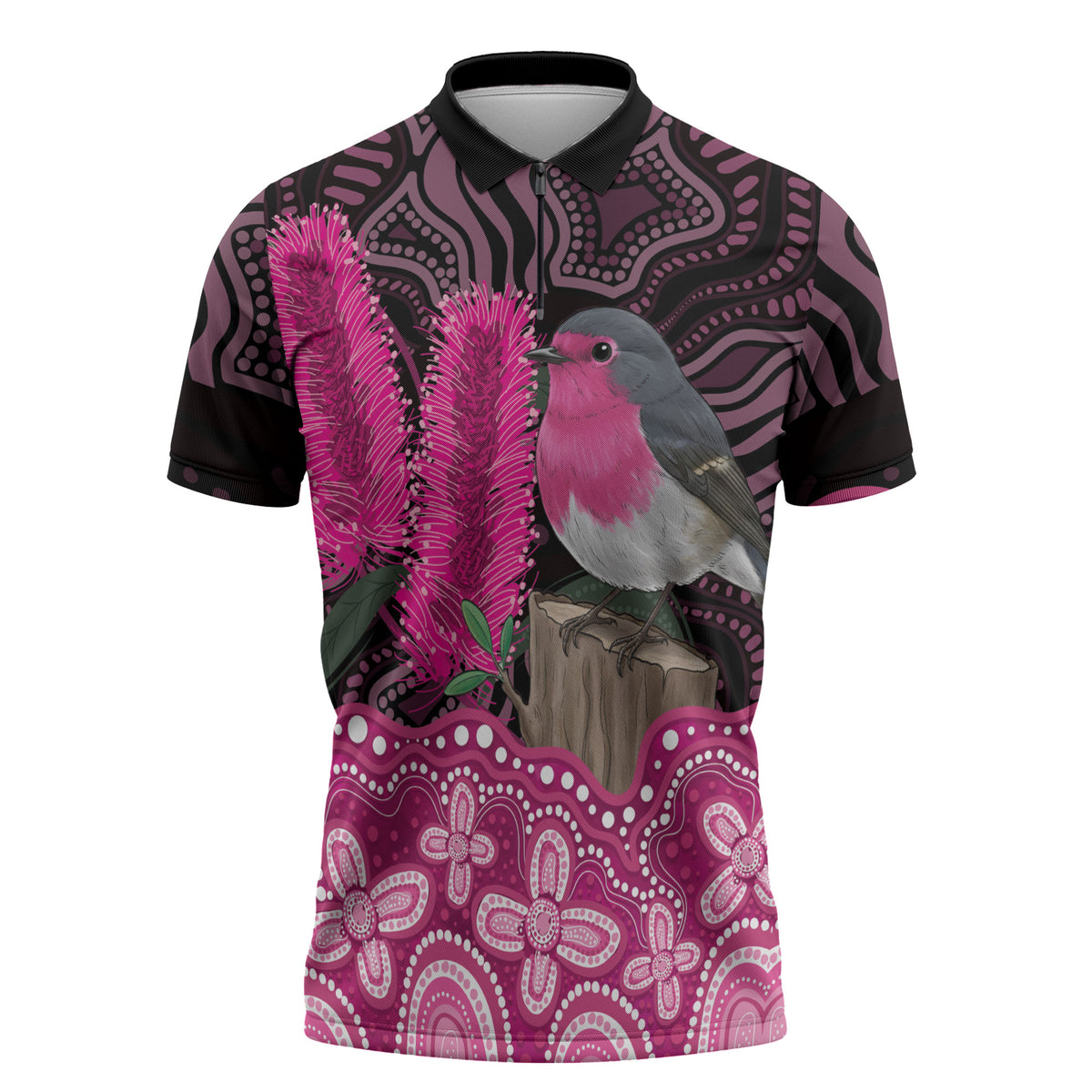 Australia Indigenous Zipper Polo Shirt Breast Cancer Pink Robin Bottlebrush Aboriginal Art