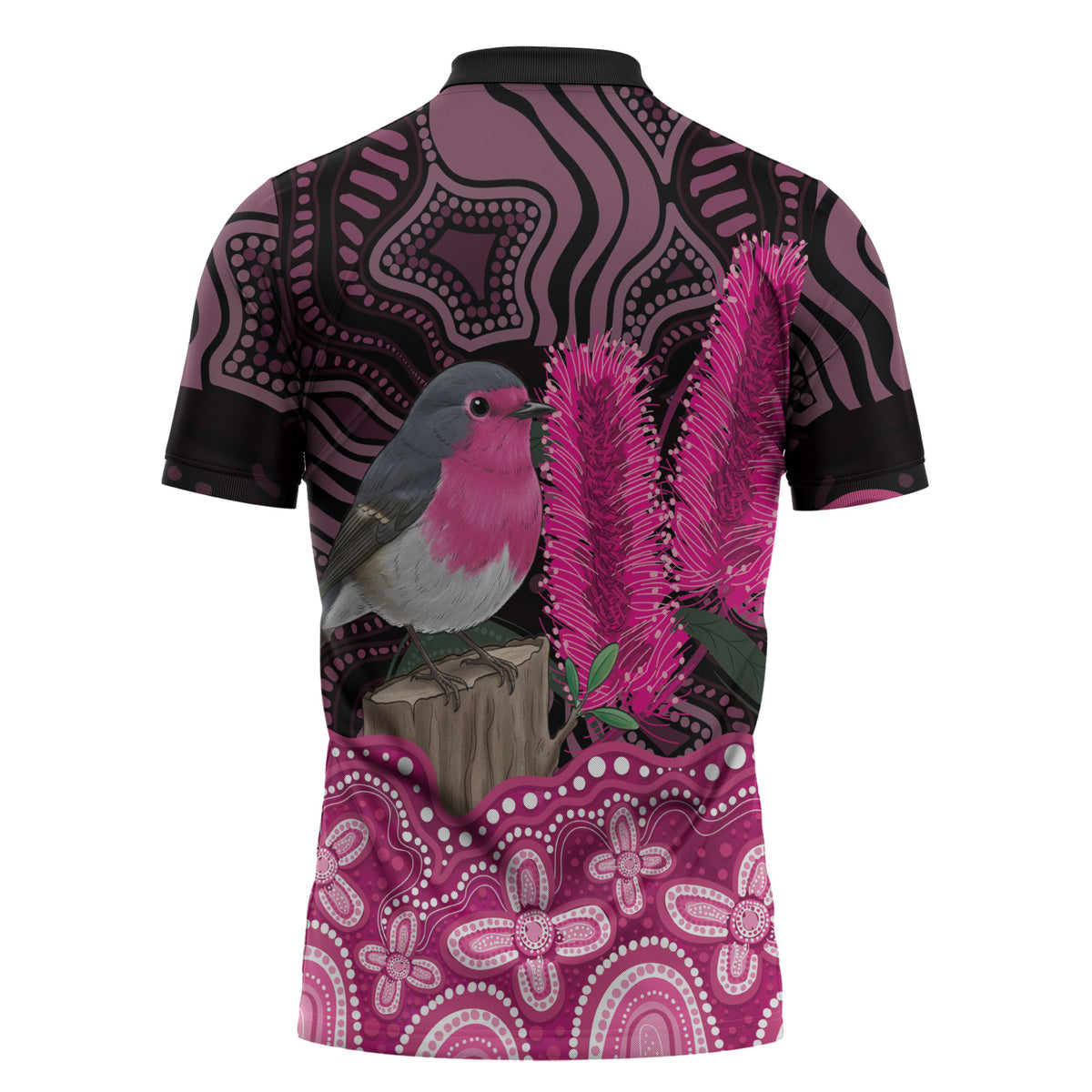 Australia Indigenous Zipper Polo Shirt Breast Cancer Pink Robin Bottlebrush Aboriginal Art